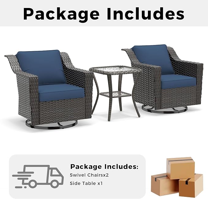 3 Pieces Patio Conversation Furniture Set - 2 Swivel Chairs, 1 Side Table, Outdoor Wicker Rocking Glider Armchairs with Washable and Water-Resistant Cushions for Balcony, (Navy Blue)