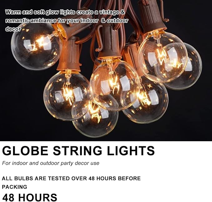 Abeja 25Ft Outdoor Patio String Lights with 27 Clear G40 Bulbs, UL Listed for Porch Bars Deck Wedding Party Markets Decor, 5W, E12 Socket Base, Brown