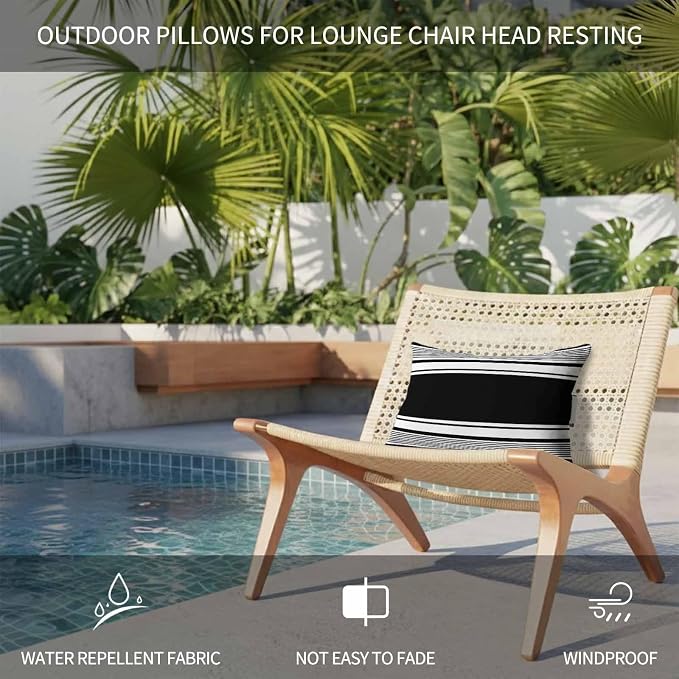 Outdoor Lumbar Pillow Set of 2, Farmhouse Black Waterproof Beach Headrest Pillow with Inserts, Farmhouse Black Line Striped Recliner Throw Pillows for Patio Furniture, 11 x 16