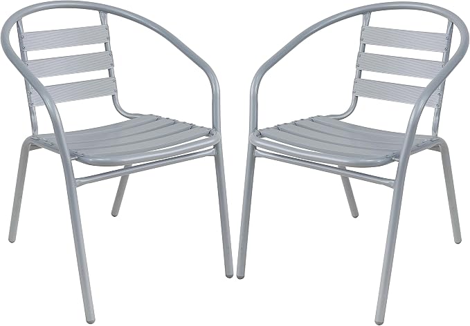 BTEXPERT Indoor Outdoor Restaurant Stainless Steel Aluminum + 2 Silver Gray Metal Slat Stack Commercial Lightweight, 2 Chairs with a 27.5" Square Table