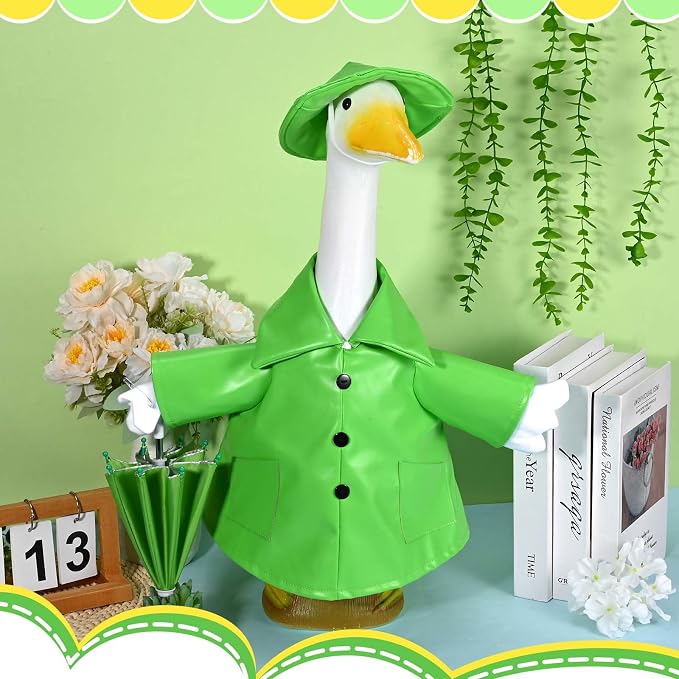 Raincoat Goose Outfit Porch Goose Summer Outfit Yard Goose Raincoat Clothes with Umbrella Hat Fits 23" Outdoor Garden Lawn Patio Geese Statue for Spring Summer Seasonal Decor(Green)