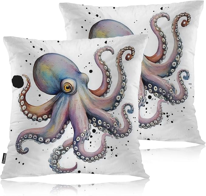 Swono Octopus Bed Pillow Covers, Watercolor Ocean Sea Octopus Decorative Throw Pillow Cover Cushion Case for Sofa Bed Living Room Farmhouse Decorations, 18"X18" 2 Pieces Pillowcases
