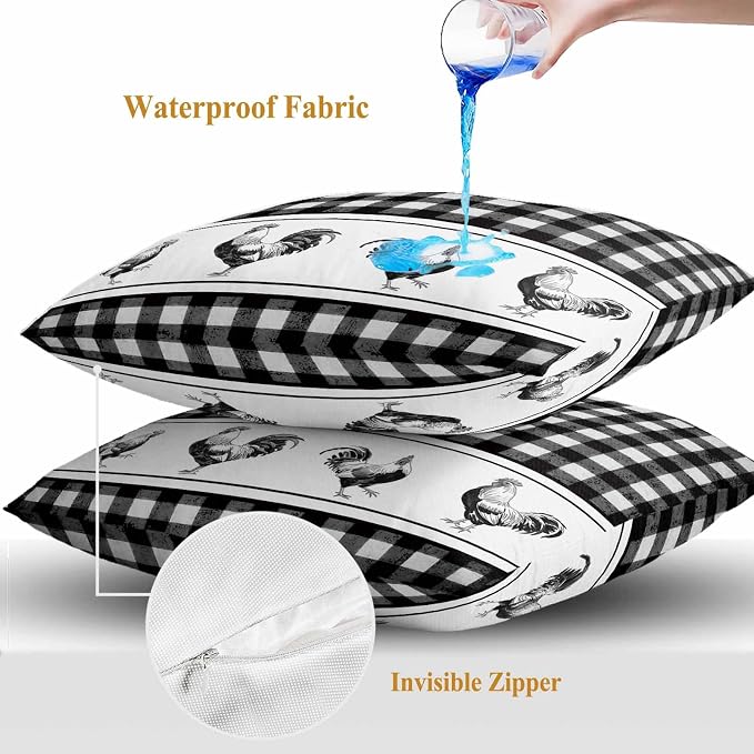 Outdoor Waterproof Throw Pillow Covers Set of 2 Chicken Cock Rooster Pillowcases 16x16 Inches Farmhouse Animal Black Buffalo Plaid Decorative Pillows Cushion Case Patio Pillows for Couch Bed Chair