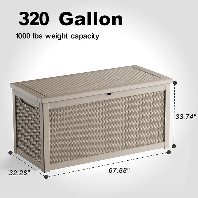ROJIK Outdoor Storage Housing Deck Box,Waterproof Patio Furniture, Garden Tools, Cushions, Pool Accessories Storage Bench with Lockable Lid and Side Handles (Grey,320 Gallon)