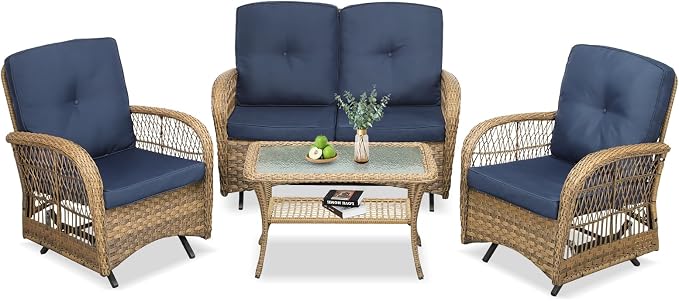 VIVIJASON 4-Piece Outdoor Patio Wicker Conversation Sets, All Weather Outdoor Rattan Furniture Set Includes Glider Loveseat, Coffee Table, 2 Glider Rocker Chairs w/Cushion for Lawn Balcony, Navy Blue