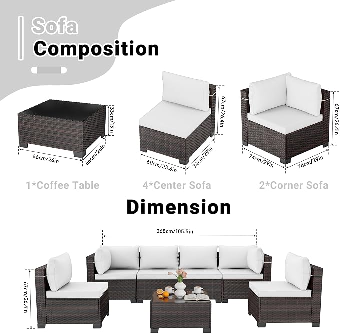 LEVELEVE 7-Piece Outdoor Patio Furniture Sets, Manual Weaving Rattan Conversation Sectional Sofa with Tempered Glass Coffee Table, All-Weather PE Wicker & Thick Cushions for Garden, Backyard, Porch