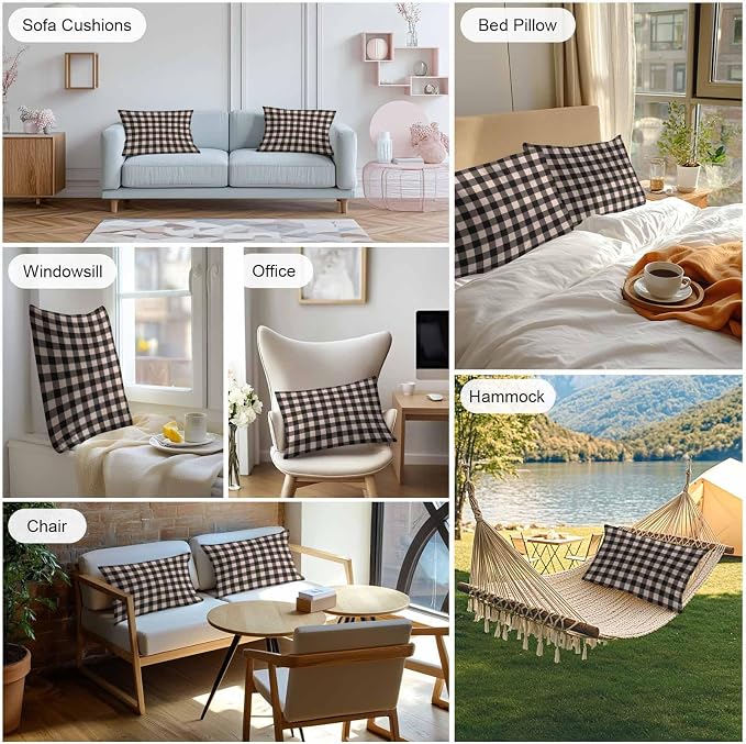 Outdoor Waterproof Throw Pillow Covers Set of 2 Beige Buffalo Plaid Lumbar Pillowcases 20x12 Inches Pastoral Black Checked Decorative Pillows Cushion Case Patio Pillows for Couch Bed Chair Garden