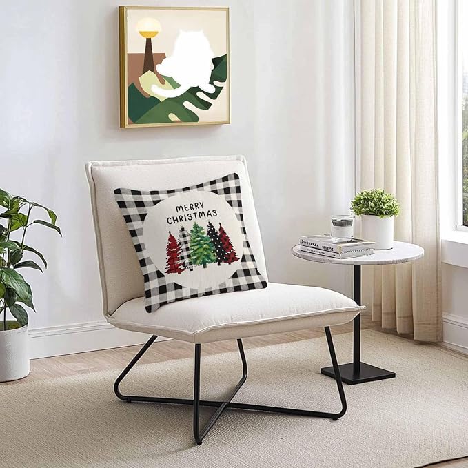 YOKOU Outdoor Throw Pillow Covers, Merry Christmas Tree Geometric Xmas Trees Watercolor Black Plaid Waterproof Pillowcases Cushion Covers Cases for Patio Couch Bench, Pack of 2 Square, 20"X20"