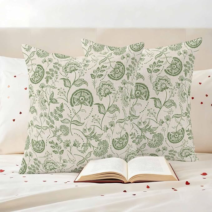 Outdoor Pillow Covers 18x18 Set of 2, Sage Green Spring Floral Waterproof Patio Throw Pillow Covers for Couch Sofa Chair, Retro Summer Botanical Farmhouse Decorative Pillowcases for Throw Pillows