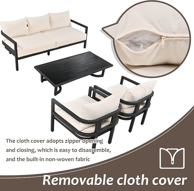VilroCaz 4-Piece Outdoor Steel Sofa Set, All Weather Patio Conversation Set with 1 Love Sofa, 2 Single Sofas, Coffee Table, Waterproof Cushions, Suitable for Backyard, Poolside Gardens (Beige-Z)
