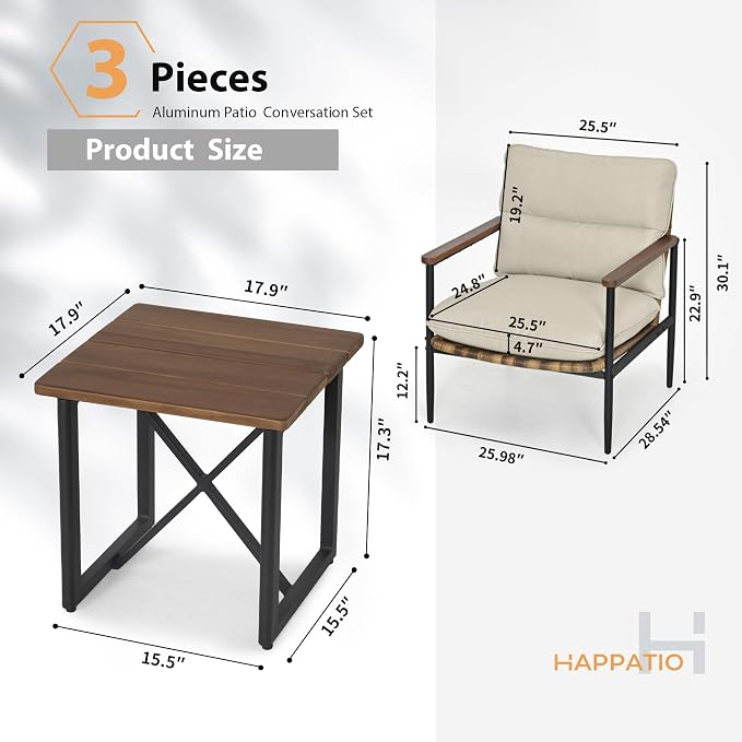 HAPPATIO 3-Piece Outdoor Furniture Set, Patio Aluminum Conversation Set with Wicker Seat and Acacia Wood Armrest, Removable Thick Olefin Cushion for Garden Lawn Backyard