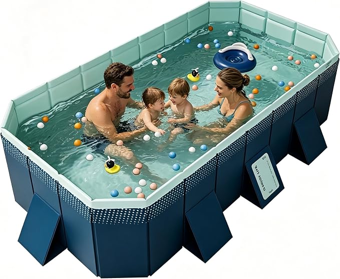 Foldable Swimming Pool, Rectangular Above Ground Swimming Pool for Outdoor Family Square Pool with Drain Plug and Drain Hole, Easy to Assemble Pool for Kids, Pets and Dogs(116" L x 65" W)