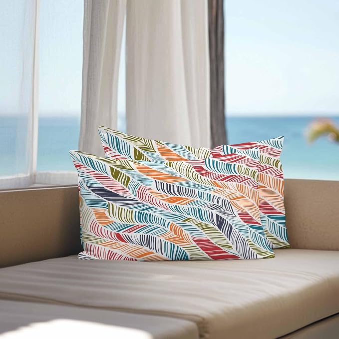 Vandarllin Outdoor Throw Pillows Covers 20x12 inch Set of 2 Waterproof Summer Beach Decorative Zippered Cushion Covers for Patio Furniture, Orange Blue Abstract Leaf Lines Lumbar Pillowcases