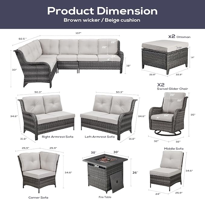 Belord Patio Furniture Set with Fire Pit Table,8 Piece Wicker Outdoor Furniture Set, Swivel Rocker Chairs with Ottomans and Sectional Couch, All Weather Patio Conversation Set, Gray Wicker/Beige