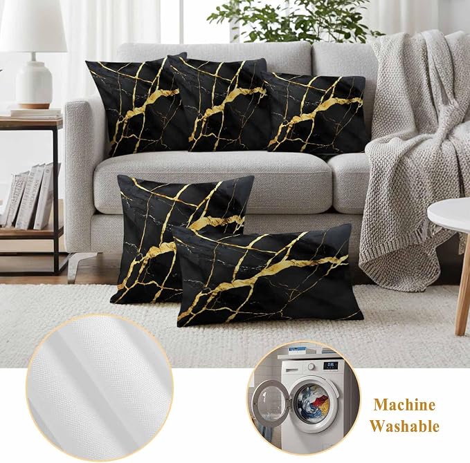 Outdoor Waterproof Pillow Covers 18x18Inch Marble Texture Throw Pillowcases for Patio Garden Couch Sofa Gold Line Black Decorative Cushin Case,Pack of 2