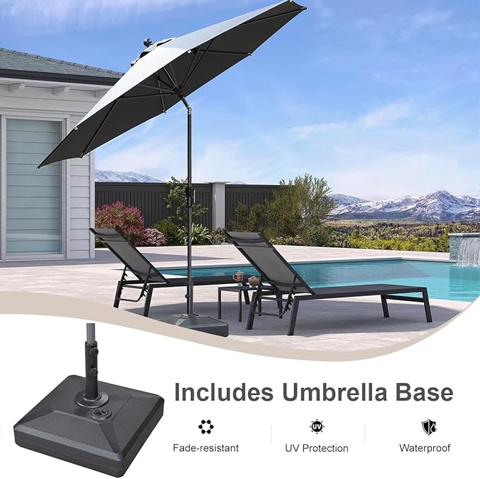 PURPLE LEAF 10' Round Patio Market Umbrella with Base Outdoor Table Umbrellas Aluminum Frame Sun Shade with 8 Sturdy Ribs Tilt for Garden Deck Lawn Pool Gray