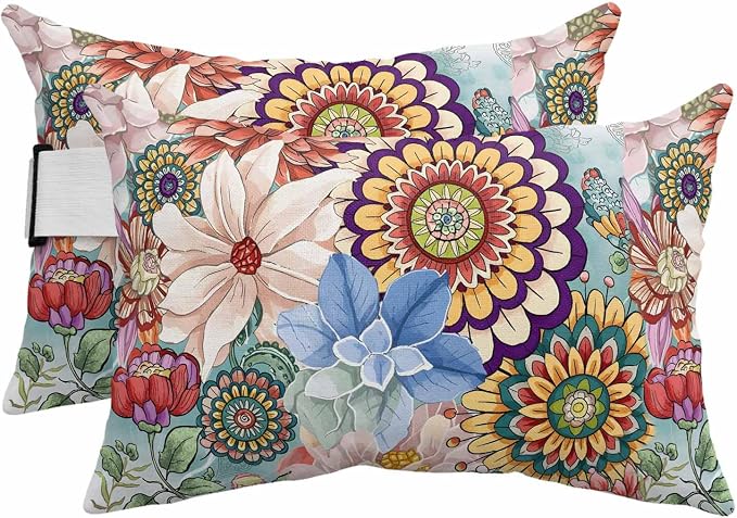 Boho Floral Outdoor Lumbar Pillows 11x16 Set of 2, Spring Vintage Abstract Art Flowers Waterproof Throw Pillow Covers with Insert, Decorative Pillowcase Cushion for Couch Sofa Bed