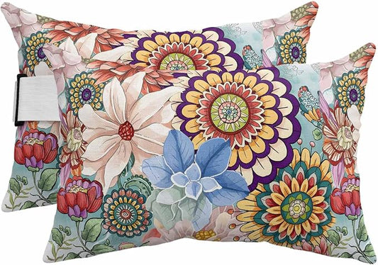 Boho Floral Outdoor Lumbar Pillows 11x16 Set of 2, Spring Vintage Abstract Art Flowers Waterproof Throw Pillow Covers with Insert, Decorative Pillowcase Cushion for Couch Sofa Bed