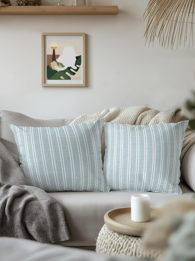 Waterproof Outdoor Pillow 1 Pack Blue Linen Striped Decorative Throw Pillows Cover & Insert 18x18 Inch Pillowcase Vertical Stripes Lines Pillows for Couch Sofa Bed Patio Furniture Indoor Outdoor