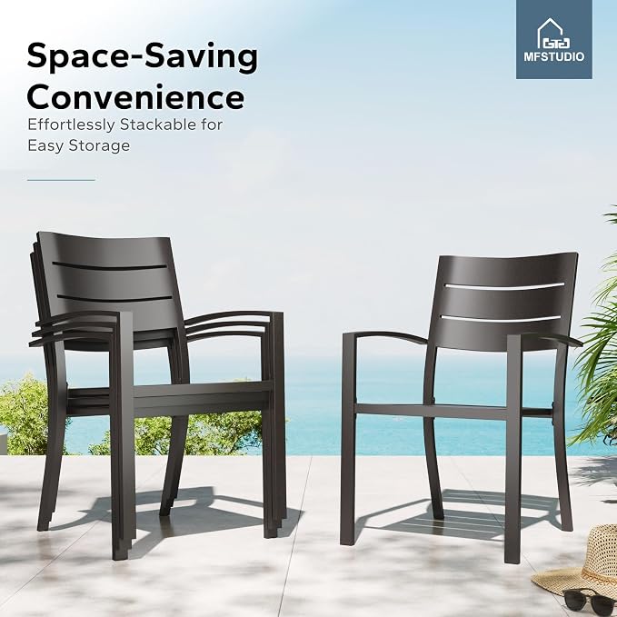 MFSTUDIO Patio Table and Chairs Set of 4, Metal Outdoor Dining Set with Umbrella Hole, 5 Piece Wrought Iron Patio Furniture Dining Set for Deck Backyard Garden