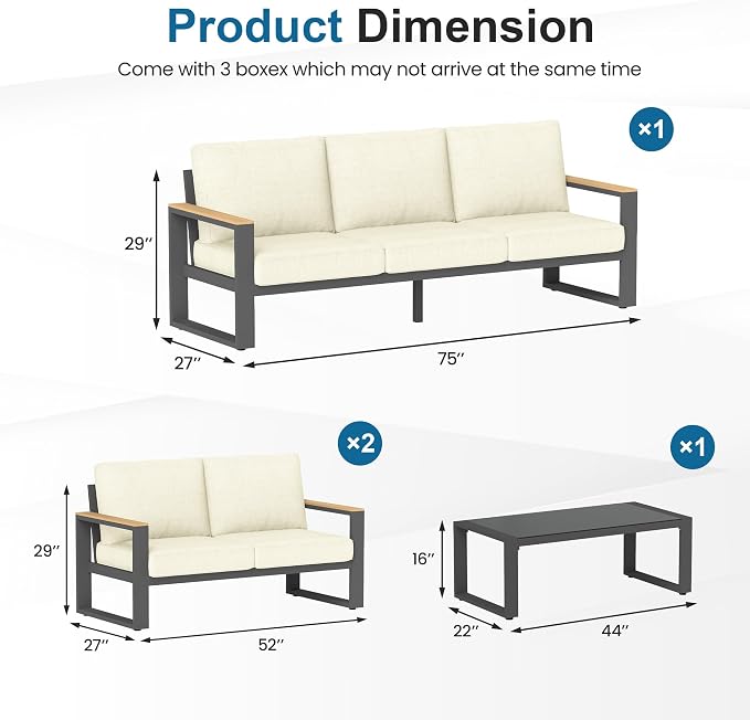 RoyalCraft Aluminum Patio Furniture Set, 7-Seats Metal Outdoor Furniture Set with Coffee Table, Modern Patio Sofa Sets Outdoor Conversation Set for Garden Pool Porch Backyard, Beige