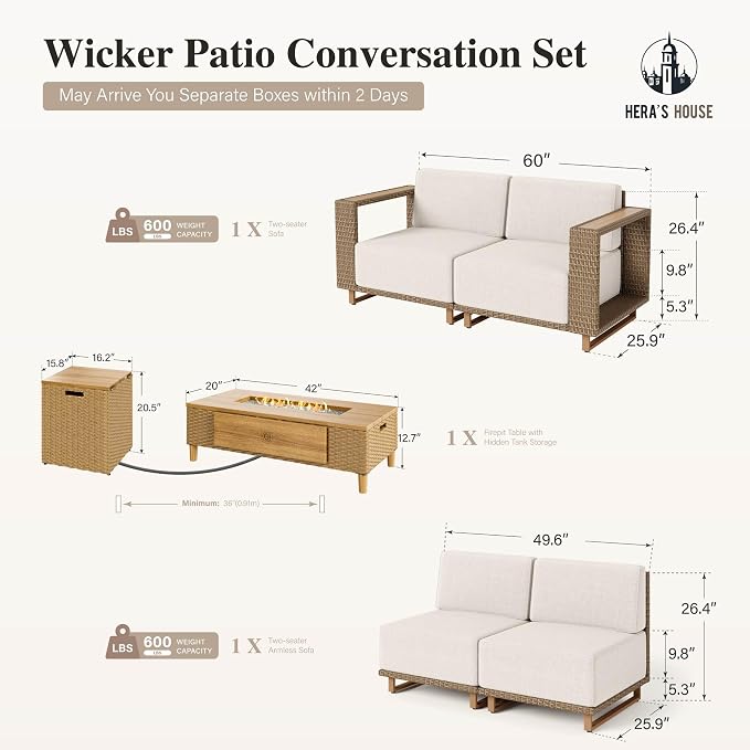 HERA'S HOUSE 4 Pieces Patio Furniture Set with Fire Pit, Outdoor Sectional Rattan Wicker Sofas with 10" Thick Cushion, Low Profile Lawn Deck Furniture with Wide Armrest