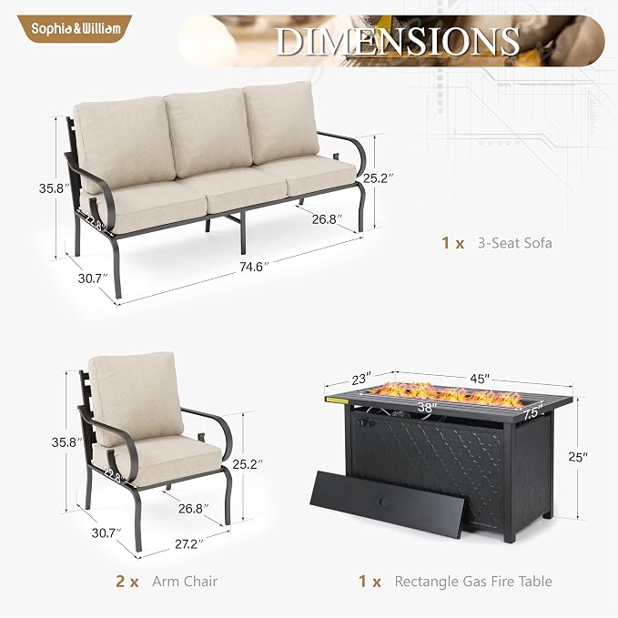 Sophia & William Patio Conversation Set for 5, 3-Seater Sofa, 2 Fixed Chairs and a 45" Fire Pit Table, Metal Outdoor Furniture with 5.75" Extra Thick Cushions, Beige