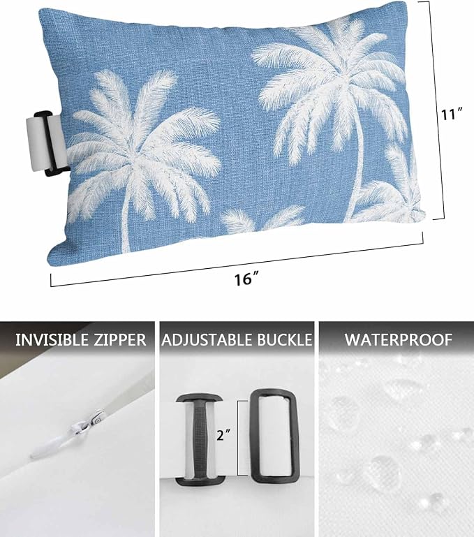 Pack of 2 Outdoor Lumbar Pillow Covers 11x16 Inch, Blue Palm Trees Waterproof Throw Pillow Covers Set, Farmhouse Tropical Summer Beach Indoor&Outdoor Decorative Cushion Cases for Patio Porch Car
