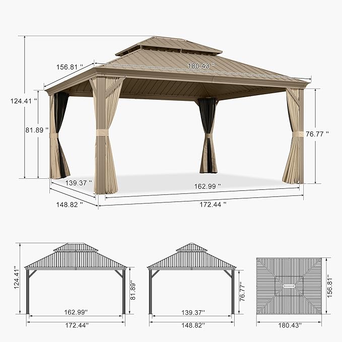 PURPLE LEAF Outdoor Gazebo 13'X15'，Champagne Hardtop Gazebo with Galvanized Steel Double Roof, Permanent Patio Gazebo with Curtains and Netting for Patio Lawn Garden and Deck
