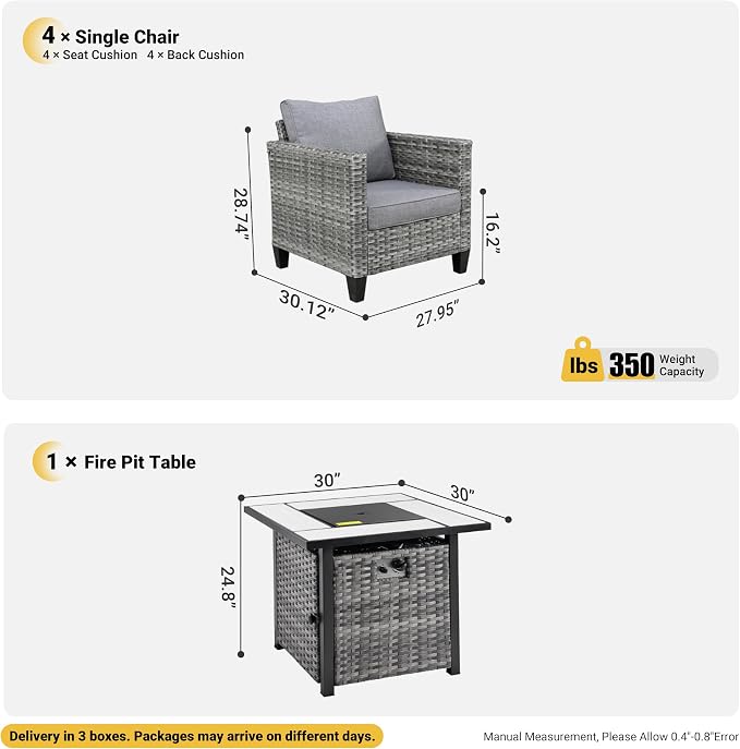 ovios 5 Pieces Patio Furniture Set, Outdoor Wicker Rattan Chairs of 4 with 30" Fire Pit Table, High Back Chair Conversation Sets for Porch Deck Garden, Dark Grey