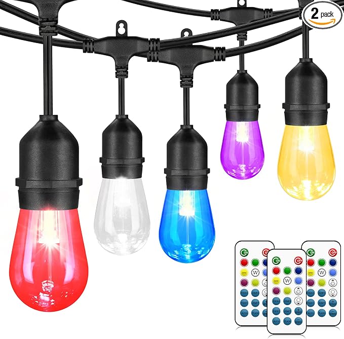Mlambert Multicolor 96FT(2x48FT) LED Patio String Lights with Remote, Black | Plug in, 8 Lighting Modes, 30+5 S14 RGB Edison Bulbs, Dimmable, Shatterproof, Waterproof, Connectable, for Backyard Garden