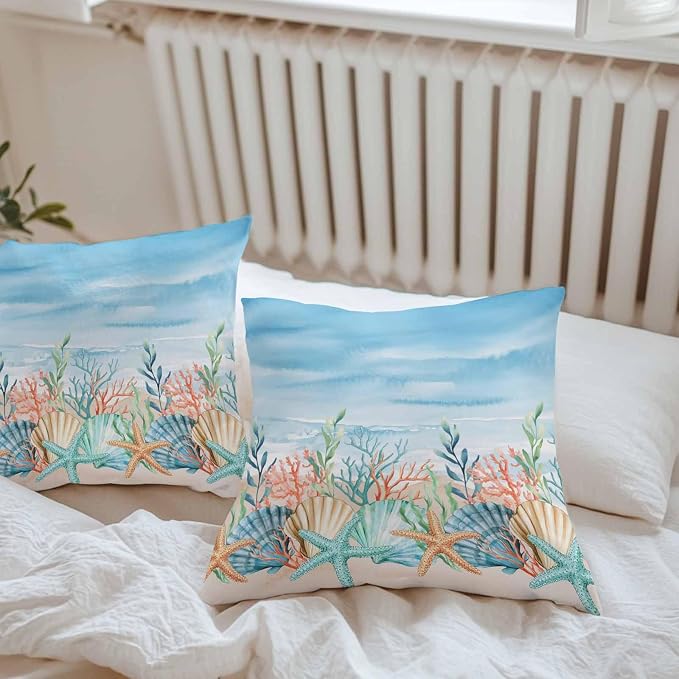 Throw Pillow Covers 18x18 Inch Set of 2, Summer Nautical Waterproof Outdoor Pillow Covers, Coastal Beach Starfish Coral Shell Blue Decorative Cushion Pillowcases for Couch, Sofa, Bed, Garden, Patio