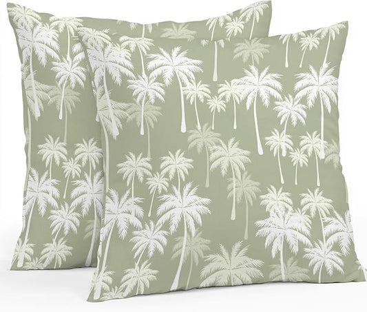 Throw Pillow Covers 20x20 Inch Set of 2, Tropical Palm Tree Waterproof Outdoor Pillow Covers, Sage Green Plants Coastal Leaf Beach Decorative Cushion Pillowcases for Couch, Sofa, Bed, Garden, Patio