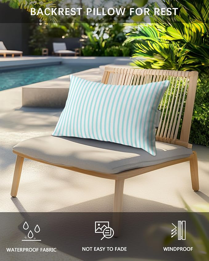 Pack of 2 Outdoor Lumbar Pillow Covers 12x20 Inch, Thin Aqua Striped Waterproof Throw Pillow Covers Set, Farmhouse Modern Stripes Indoor&Outdoor Decorative Cushion Cases for Patio Porch Car
