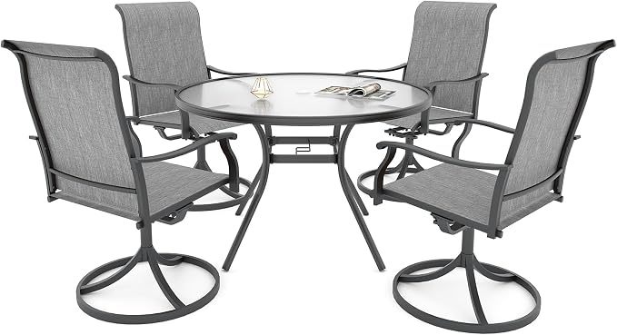 4 Person Grey Patio Swivel Rocker Chair and 40" Glass Round Table Set Sty1 | 4 Piece Swivel Chairs: High Back, Retro Armrest, Textilene Fabric, Rocking; 40 inch Round Table: Glass Top; All Weather