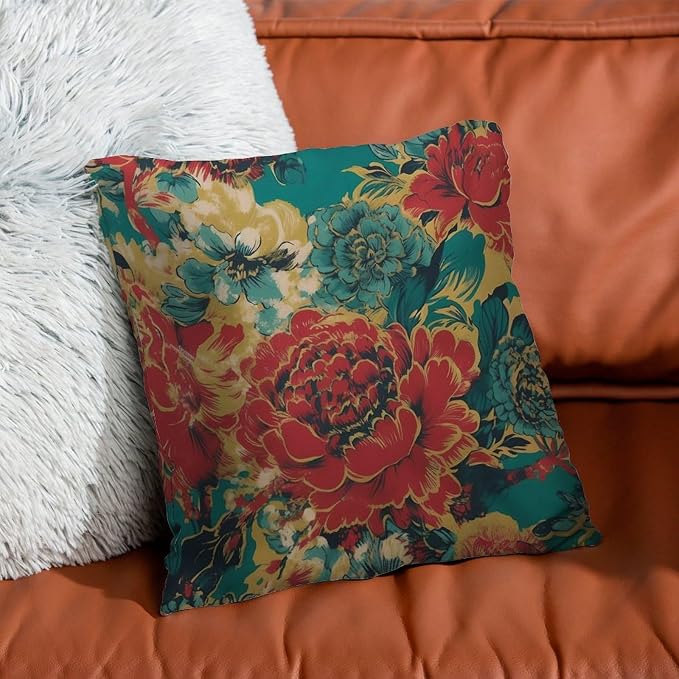 Pillow Cover Animal Tiger Stripe Colorful Chinoiserie Pillowcase Modern Peony Floral Asian Pillow Cover Accent Outdoor Garden Decoration for Patio Couch Tent Sofa 18x18 in