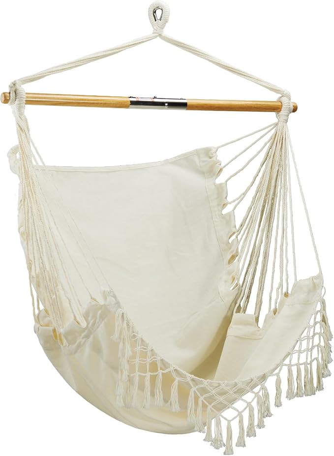Bliss Hammocks BHC-412FR 40" Island Rope Fringe Hammock Chair w/Hanging Hardware & Spreader Bar, Outdoor, Patio, Lawn, Eco-Friendly, Hand-Woven, 250 Lbs Capacity, Natural
