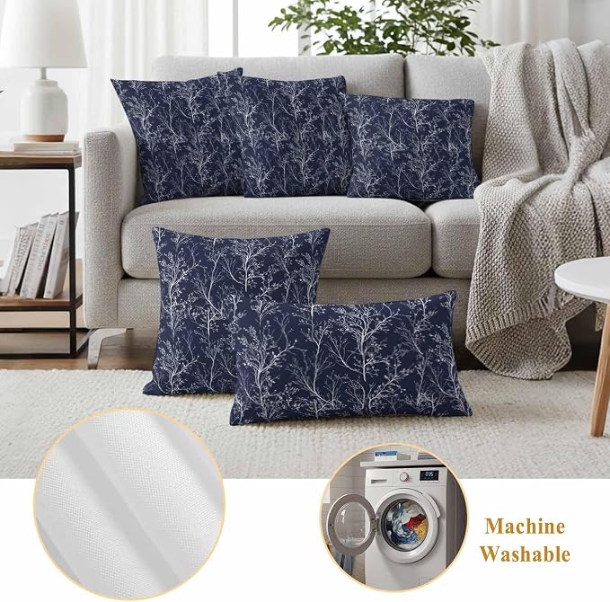 Navy Blue Branches Waterproof Outdoor Pillow Covers Set of 2 Home Decor, Abstract Art Leaves Plant Pillowcase Patio Pillow Covers for Couch Bench Patio Furniture Garden 18x18in