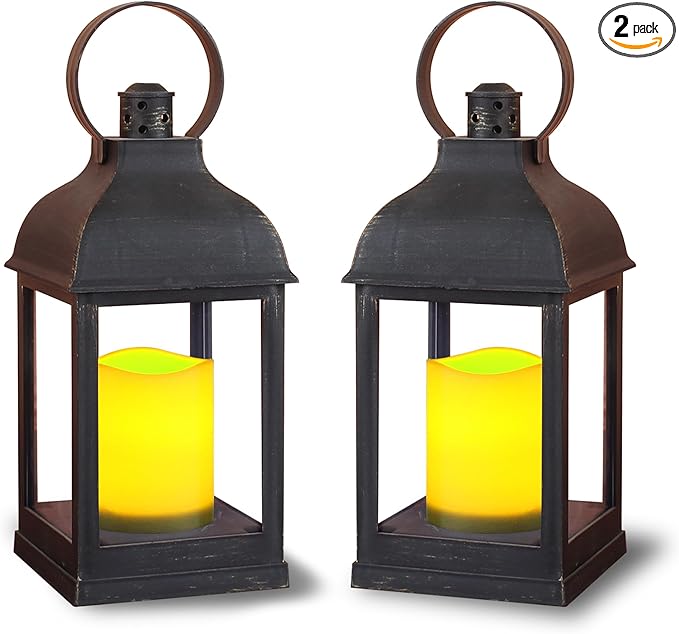 WRalwaysLX 2pack Decorative Lantern with flameless LED Candle Light, ON/Off/Timer Candle with 6Hours, Outdoor/Indoor LED Lantern, Use AAA Battery(not Include) Bronze Plastic (4x9)