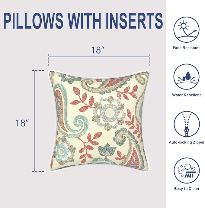 Outdoor Throw Pillows Inners, Fade Resistant Patio Furniture Square Pillows with Piping Set of 2 for Patio Furniture, 18x18 Inch, Paisley Vintage