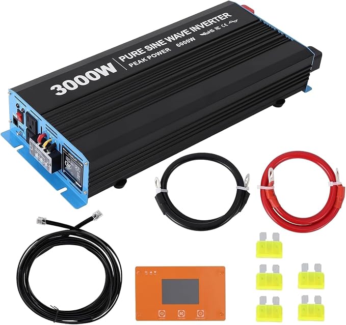 Power Inverter 3000 Watt Pure Sine Wave 12V DC to 110V/120V AC 6000W Peak Converter for Family RV Off Grid Solar System with 3 AC Outlets LCD Display Remote Control and 2.1A USB Charging Port