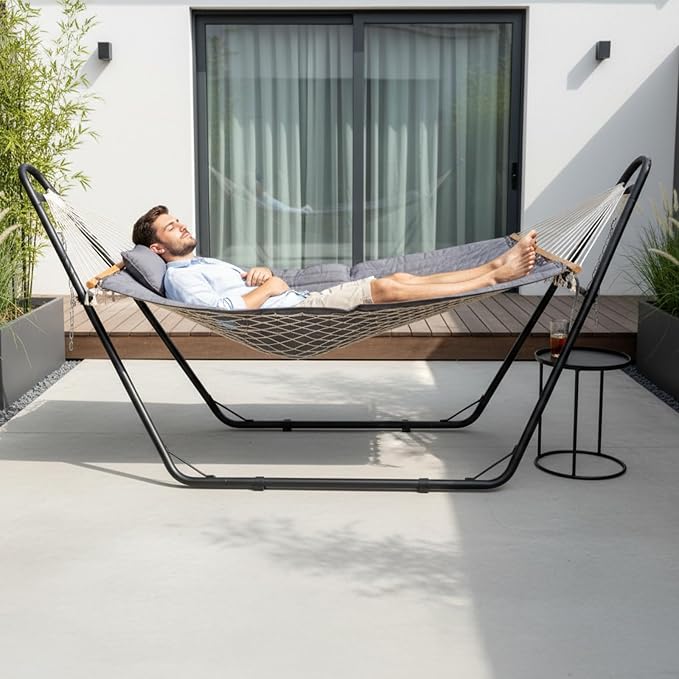 Hammock with Stand, Double Hammock with Stand for 2 Person, Outdoor Furniture, Holds 550lbs, Include Dual-Spreader Bar, Pillow, 124"x40"x52.25", Easy Setup, Free Standing hammocks for Outside, Grey
