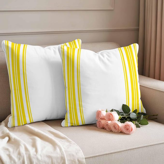 Outdoor Waterproof Throw Pillow Covers Set of 2 Yellow Stripes Pillowcases 24x24 Inches White Vertical Striped Decorative Pillows Cushion Case Patio Pillows for Couch Bed Chair Garden