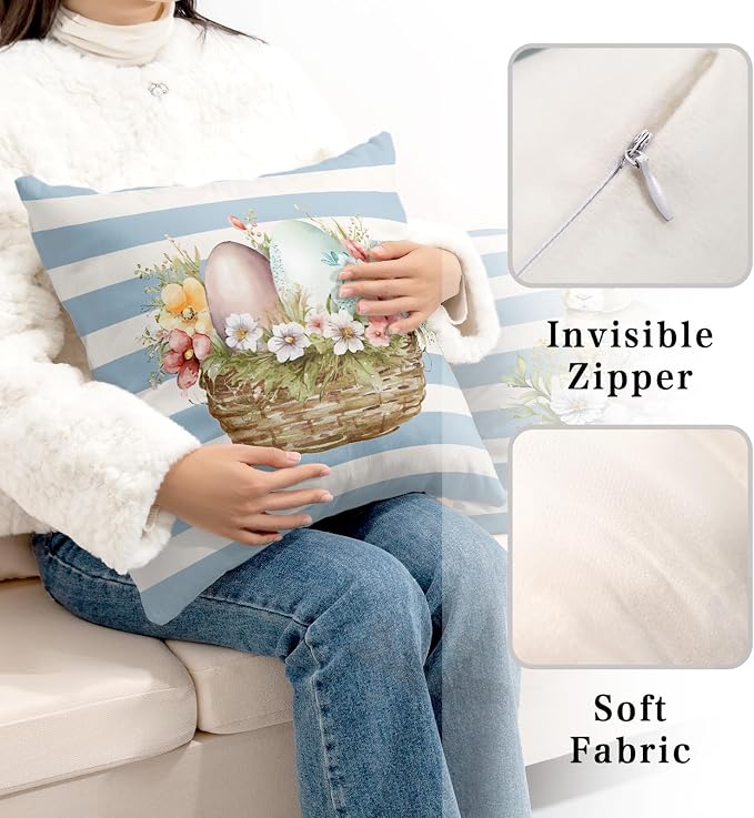 Striped White and Blue Easter Bunny Pillow Covers 16x16 Egg Pink Flower Pillows Cases Cute Bunny Pillow Covers Spring Holiday Decor for Indoors Couch Living Room in 2 Pcs
