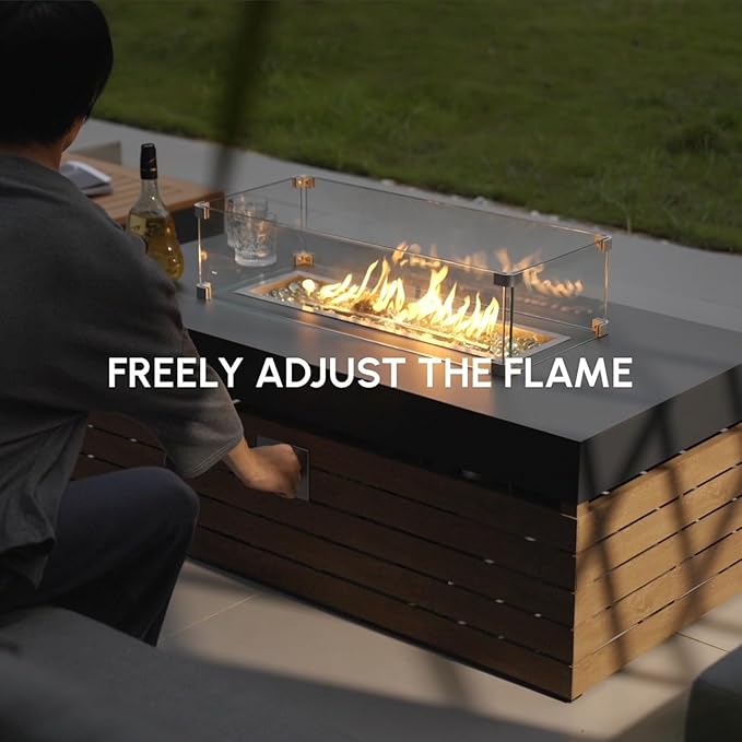 homary Patio Conversation Sets with Fire Pit, Modular Outdoor Sofa Aluminum & Teak Outdoor Sofa Se with Glass Wind Guard Ideal for Patios & Balconies, 6 Pepole