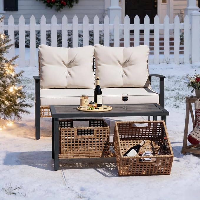 LAUSAINT HOME Outdoor Patio Loveseat with Coffee Table Set of 2, 2 Pcs Comfortable Oversized Furniture Conversation Set for Backyard, Porch, Garden and Poolside, Beige (Not Include Storage Boxes)