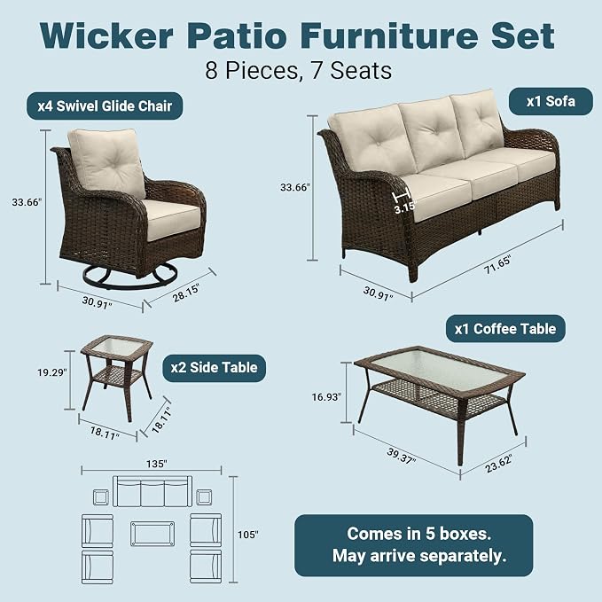 Patio Furniture Set, 8PCS Outdoor Wicker Conversation Set with 6" Thick Cushions, High Back Rattan Sofa & Swivel Rocker Chairs, Weather Resistant Olefin Fabric for Garden, Poolside, Beige