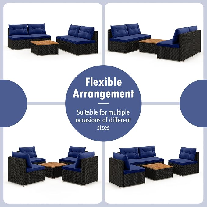 Tangkula 5 Pieces Wicker Patio Furniture Set, Outdoor 4 Armless Rattan Sofa & Coffee Table Set, with Cushions, Acacia Wood Tabletop, Sectional Patio Conversation Set for Lawn, Yard, Poolside, Navy