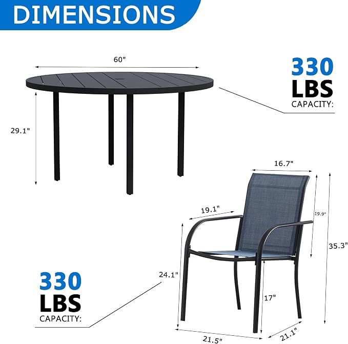 9-Piece Patio Furniture Set, Black Round Patio Table and Blue Chairs Set of 8, Outdoor Dining Set with Umbrella Hole for Garden, Yard, Patio
