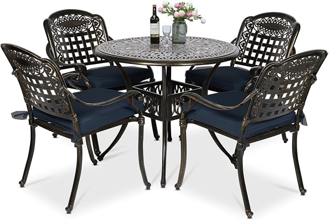VIVIJASON 5-Piece Patio Furniture Dining Set, All-Weather Cast Aluminum Outdoor Conversation Set, Include 4 Cushioned Chairs and a 35.4" Round Table w/Umbrella Hole, Navy Blue Cushion